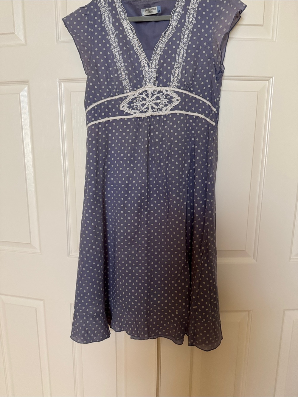 Blue polka dot elegant dress w lace/ fine cotton fabric ; fully lined flirty cap